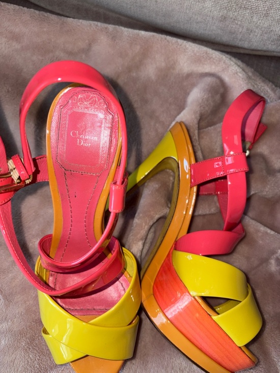 Dior Shoes - Dior Pink and Yellow Patent Leather Platform Sandals